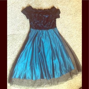 Teal and Black Off-shoulder Swing Dress Small